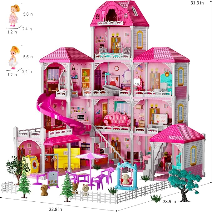TEMI Villa Toys for 3 4 5 6 7 8 Years Old Girls - 4 Storeys 12 Rooms, Indoor Playset with 2 Dolls Toy Figures, Toys Furniture and Accessories, Pretend Girls Plays, Building Toys, Gifts Toy