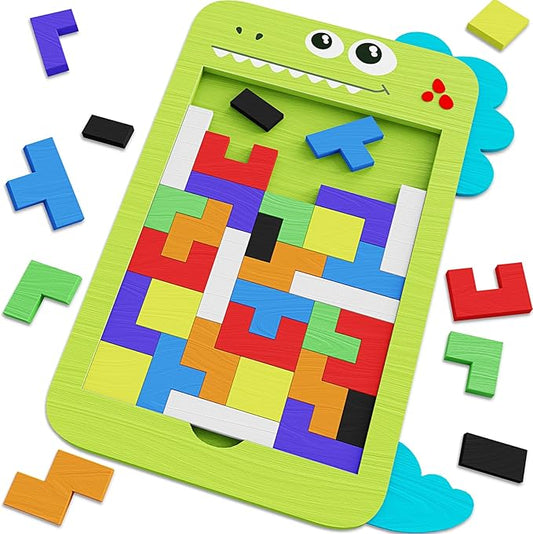 40 Pcs Wooden Blocks Puzzles, Jigsaw Puzzles, Dinosaur Wooden Brain Teaser Puzzles IQ Game Toy, Educational Puzzle, Intelligent Tangram 3D Russian Blocks for 3+ Years Old Kids