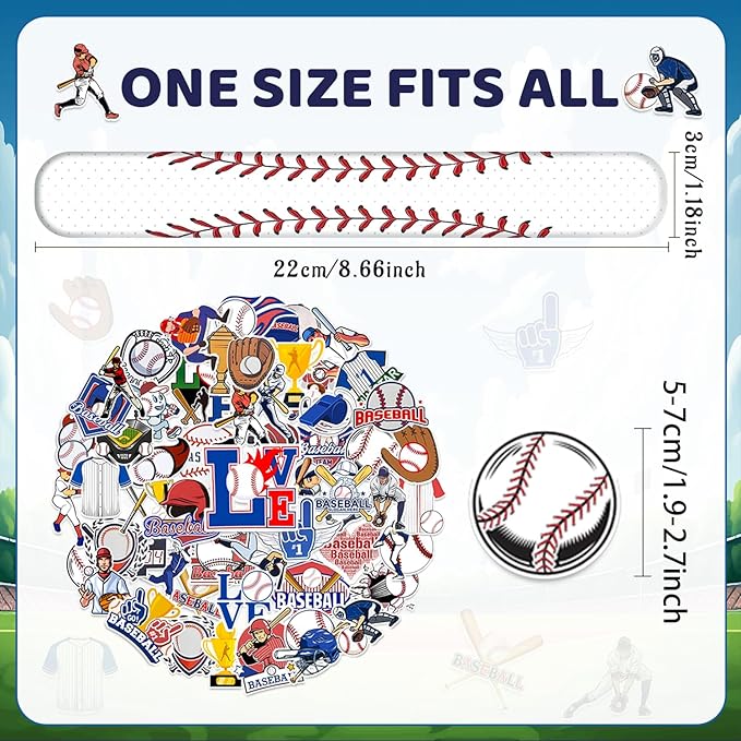 74PCS Baseball Party Favors 24PCS Baseball Slap 50PCS Baseball Stickers Bracelets Baseball Themed Party Favors Birthdays Party Decorations for Sport Game Player Kids Gifts