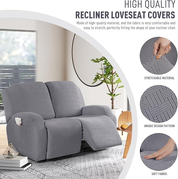 KinCam Recliner Covers, Stretch Reclining Chair Covers, Recliner Sofa Slipcovers Stripe Jacquard Recliner Couch Covers Furniture Protector Covers for Pet Kid (2XL Seater, Light Gray)