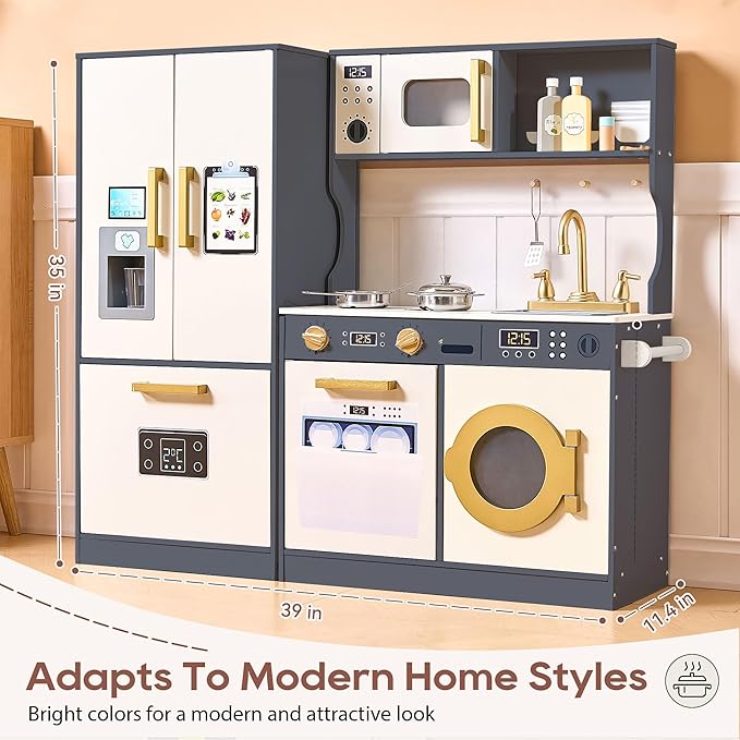 Kids Kitchen Playset with Realistic Design, Luxury Play Kitchen with Extended Storage Cabinets, Toy Kitchen for Toddlers with Coffee Counter, Cookware Accessories, Oven, Microwave (White and Black)