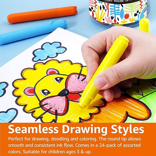 Amazon Basics Washable Markers for Kids, Round Tip Assorted, Pack 24