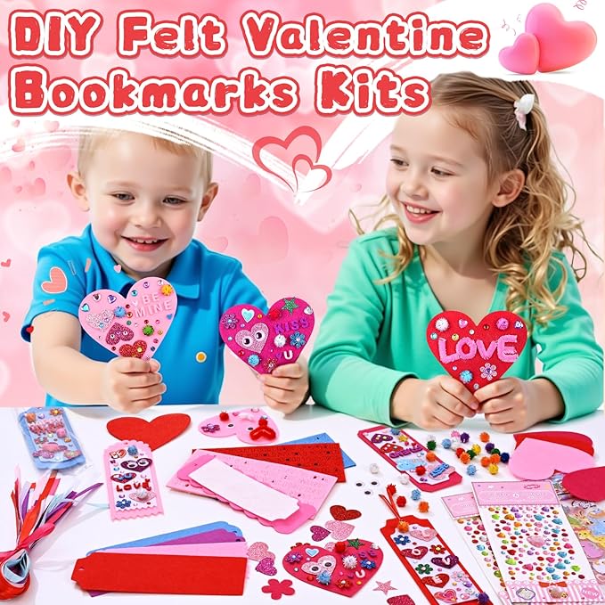 36 Sets Valentines Day Crafts for Kids, DIY Felt Valentine Bookmarks Kits with Googly Eyes Pom-poms Hearts Stickers, Valentines Craft Supplies for Kids Classroom Activity Party Favor Gift Exchange