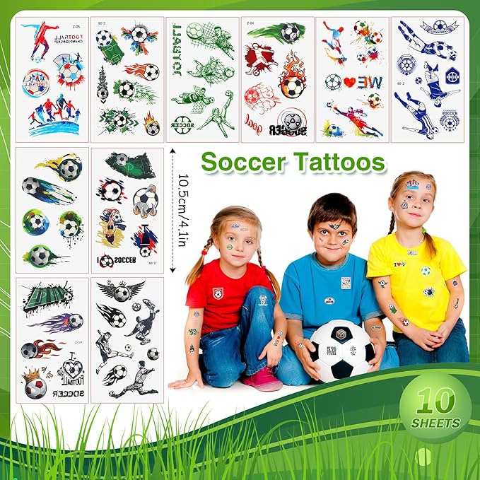 Aoriher 108 Pcs Soccer Party Favors Set Soccer Party Themed Goodie Bag Fillers Mini Soccer Balls Whistle Silicone Bracelet Tattoo Sticker Temporary Keychain for Sport Party Supplies