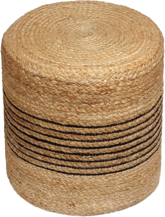 COTTON CRAFT Braided Pouf – Cylindrical Jute Cotton Ottoman - Boho Foot Stool - Bedroom Dorm Family Room Accent Seating – Rustic Decorative Round Pouf – 15 Dia x 16 Height - Natural Black Stripe