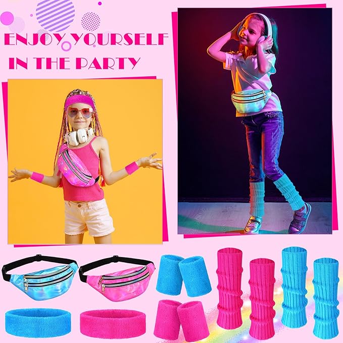 Giegxin 2 Set 80s Leg Warmers Set for Girls Kids Neon Ribbed Knit Leg Warmers Fitness Headband Wristbands for Cosplay Party