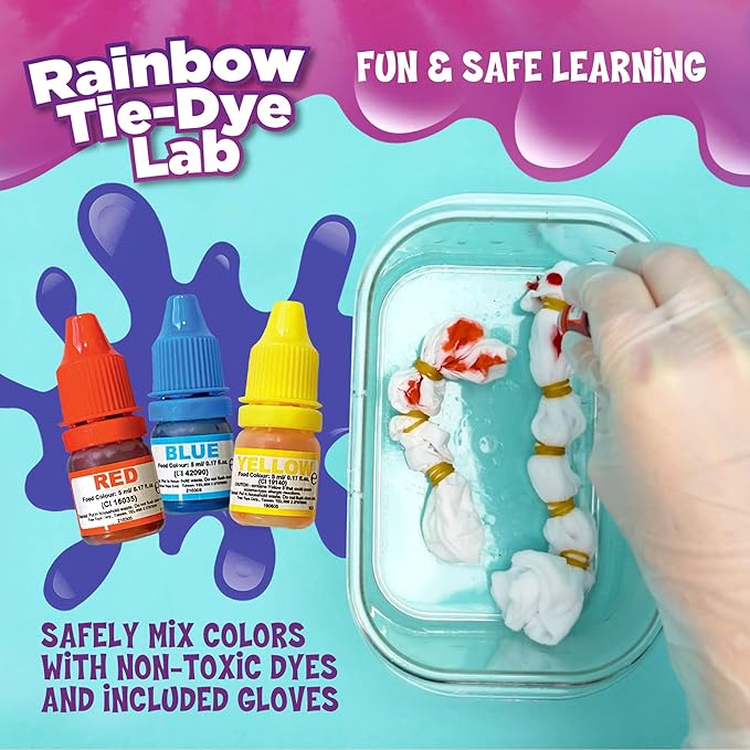 Thames & Kosmos Ooze Labs Rainbow Tie-Dye Lab STEM Experiment Activity Kit | Design & Make Your Own Tie-Dye Socks & Scrunchies | Explore The Science of Color Mixing & Dyeing | Great Party Activity