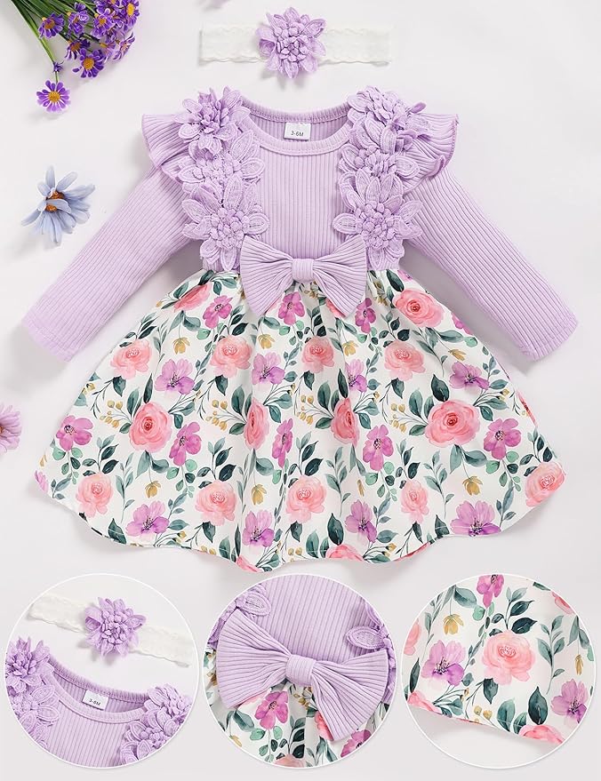 Baby Girl Dress Fall Flower Ruffle with Lace Headband Toddler Girls 3M-3T Infant Dresses Winter Baby Girl Clothes