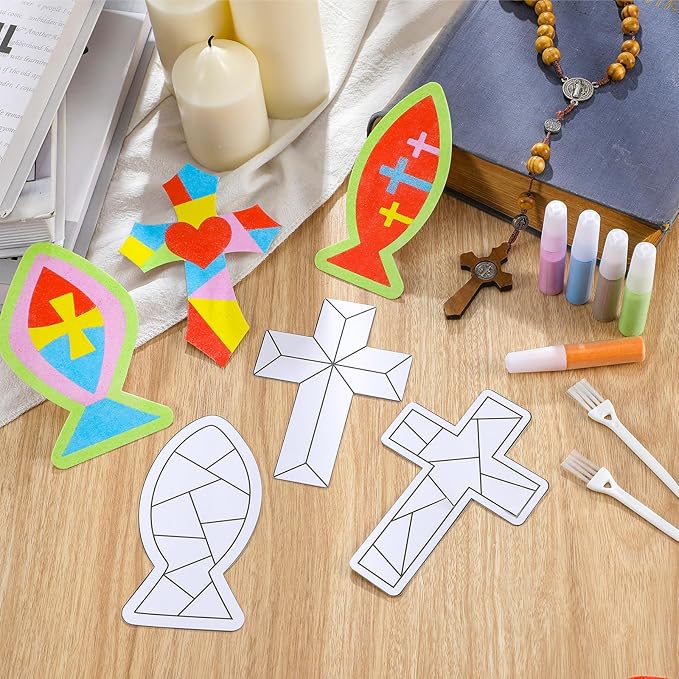 24 Sets Religious Sand Art Craft Kit for Kids Christian Crosses Fish Painting Kit with Colored Sand Brushes Create Your Own First Communion Sand Art for Sunday School Fun Home Activities