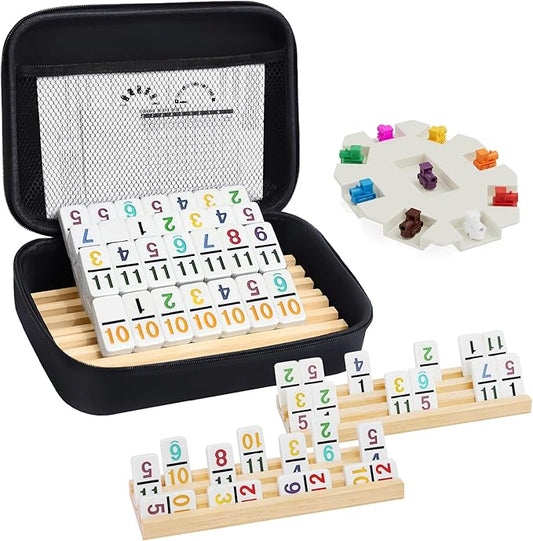 Mexican Train Dominoes Set with Numbers and 4 Wooden Trays/Racks, Double 12 Dominos Travel Set with 4 Tiles Holders, 91 Tiles Double 12 Colored Dominoes Game Set with Portable Case for Families Kids