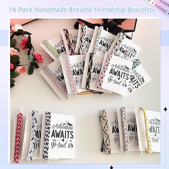 16 Set Friendship Bracelet Party Favors Braided Friendship Bracelets with Cards Adjustable Woven Friendship Bracelets Handmade Braided Bracelet for Teens Adults Camping Party Favors
