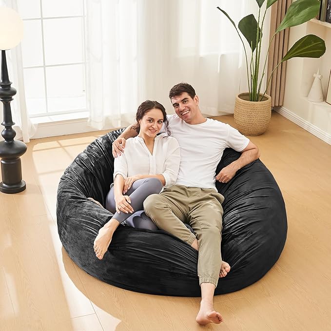 Bean Bag Chairs for Adults - Memory Foam Furniture BeanBag Chair - Kids/Teens Sofa with Soft Micro Fiber Cover - Round Fluffy Couch for Living Room Bedroom College Dorm - 5 ft, Carbon Black