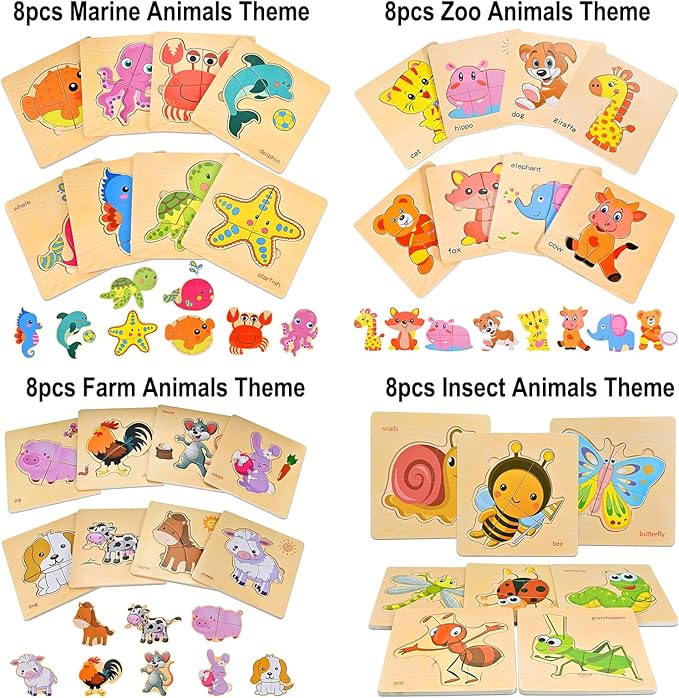 8pcs Wooden Puzzles for Toddlers 1-3, Toddler Puzzles Ages 2-4, Montessori Toys for 1-3+ Years Girl Boy, Sea Animal Puzzle for Kids, Jigsaw Puzzles Educational Toys Preschool Puzzles for 1-3