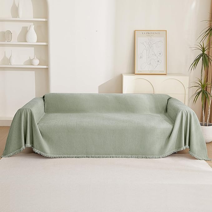 MYSKY HOME Chenille Sofa Slipcovers Sage Green Sofa Covers with Tassel Edge L Shaped Sectional Couch Covers for 3 Cushion Couch, Washable Thick Durable Furniture Protector for Dogs Kids 71"x 134"