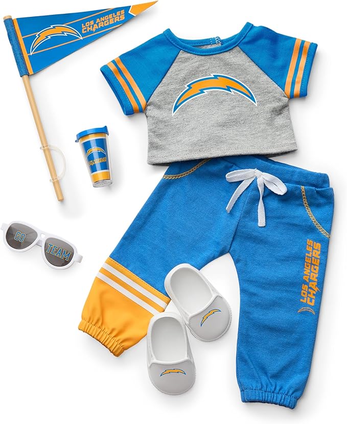 American Girl Los Angeles Chargers 18 inch Doll Fan Outfit and Accessories, Blue and Yellow, 6 pcs, Ages 6+
