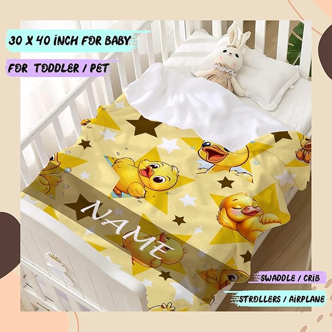 Custom Name Yellow Star Ducks Adult duck Blanket Kids Funny Blanket Suitable for Bedroom bed sofa Crib Couch Chair outdoor All Season Items That Yellow Duck Lovers Will Love 90”×120 ”for Family