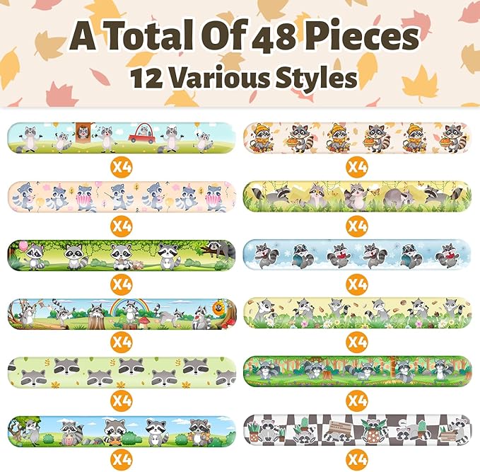 48 PCS Raccoon Slap Bracelets Party Favors, Raccoon Wristbands Bracelets Goodie Bag Fillers for Woodland Raccoon Birthday Party Decorations Supplies Gifts for Kids Boys Girls