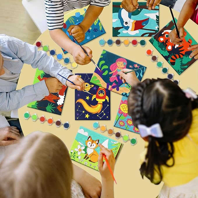 8 Packs Predrawn Canvas for Painting Kids Painting Canvas for Kids Painting Kits for Kids 4-8, 48 Paints, 8 Brushes 2 Easels, 8 6x8 Printed Canvas to Paint for Girls Boys and Beginners