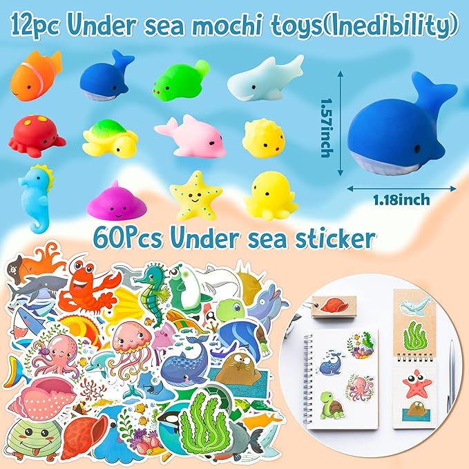 ANGOLIO Ocean Sea Animals Party Favor - 114Pcs Ocean Aniamls Toys Include Sea Animals Keychains Stickers Bracelet Cute Make A Face Stickers for Kids Ocean Themed Birthday Party Classroom Rewards