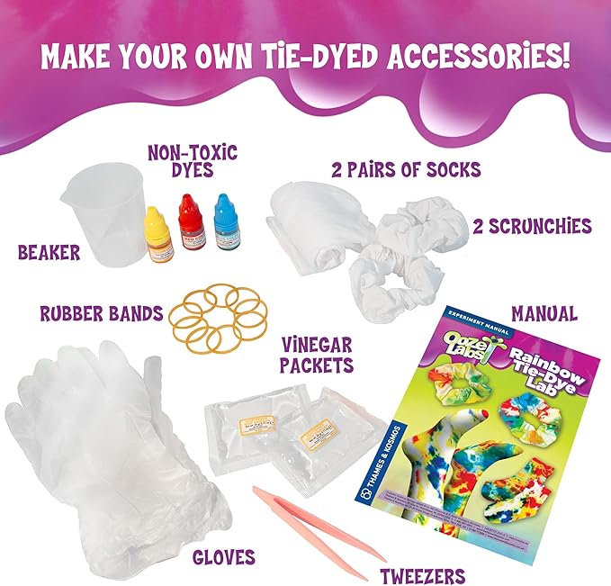 Thames & Kosmos Ooze Labs Rainbow Tie-Dye Lab STEM Experiment Activity Kit | Design & Make Your Own Tie-Dye Socks & Scrunchies | Explore The Science of Color Mixing & Dyeing | Great Party Activity
