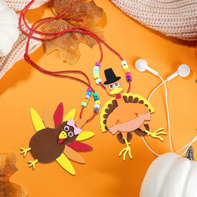 24 Pcs Thanksgiving Turkey Necklaces Kit, Turkey Beaded Necklace Making Kit, DIY for Kids, Thanksgiving Gifts Set for Thanksgiving Party toys Game Activity