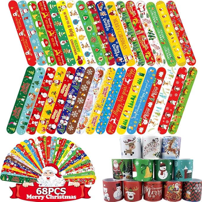 68Pcs Christmas Slap Bracelets for Kids, for Kids Boys Girls Christmas Party Favors Stocking Stuffers.
