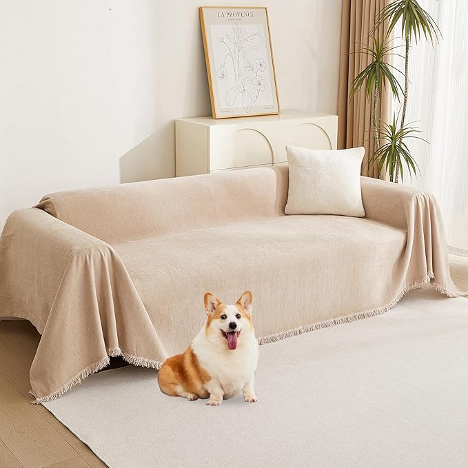 MYSKY HOME Sofa Covers for Futon Couch Cushion Cover with Tassel Edge Khaki Couch Covers Thick Soft for Cats Vintage Sofa Seat Covers Couch Cover for Dogs Universal Furniture Protector, 71"x 102"