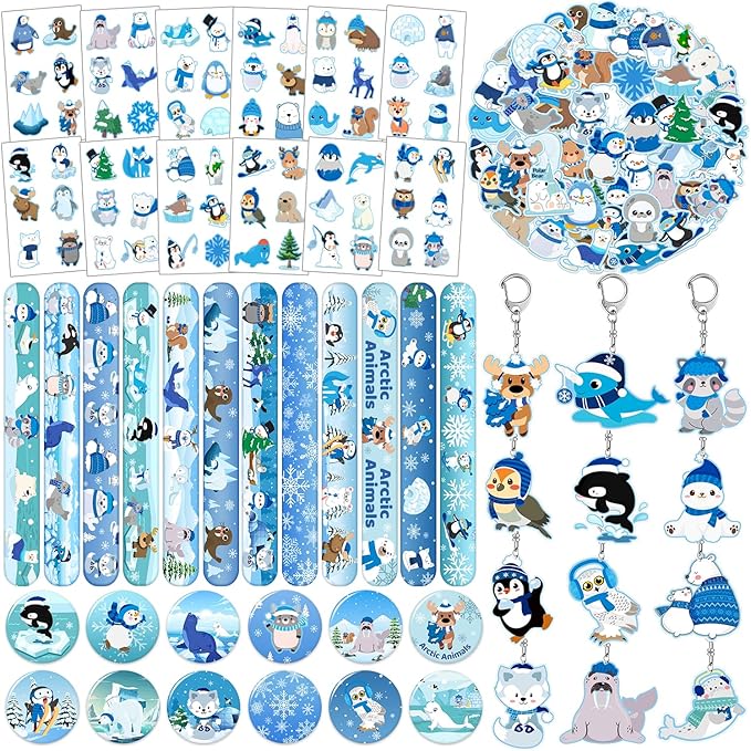 98 PCS Winter Arctic Animals Party Favors, Winter Arctic Polar Animals Stickers Temporary Tattoos Slap Bracelets Keychains Badges Arctic Animals Birthday Party Decorations Supplies for Kids