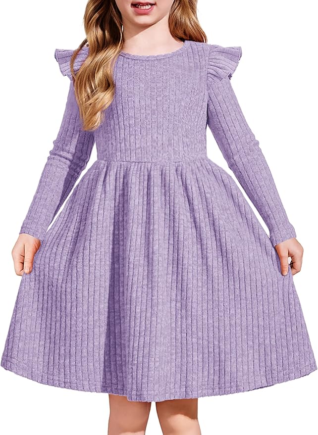 Arshiner Toddler Girl Dress Baby Girls Knitted Ruffle Sleeve Pocket Dresses A-Line Flared Fall Winter Clothes for 2-8 Years