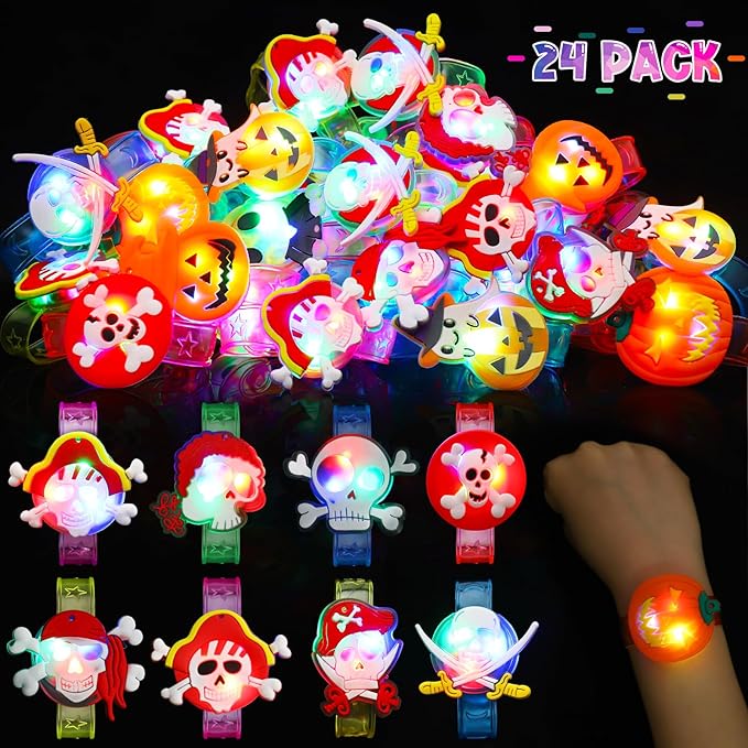 24 Pack Halloween Christmas Stocking Stuffers Christmas Party Favors Gifts for Kids, Light Up Bracelets Birthday Goodie Bags Stuffers Kids Classroom Prizes, Glow in the Dark New Year Party Supplies