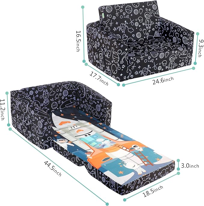 MallBest Kids Sofas Children's Sofa Bed Baby's Upholstered Couch Sleepover Chair Flipout Open Recliner (Black/Rocket)