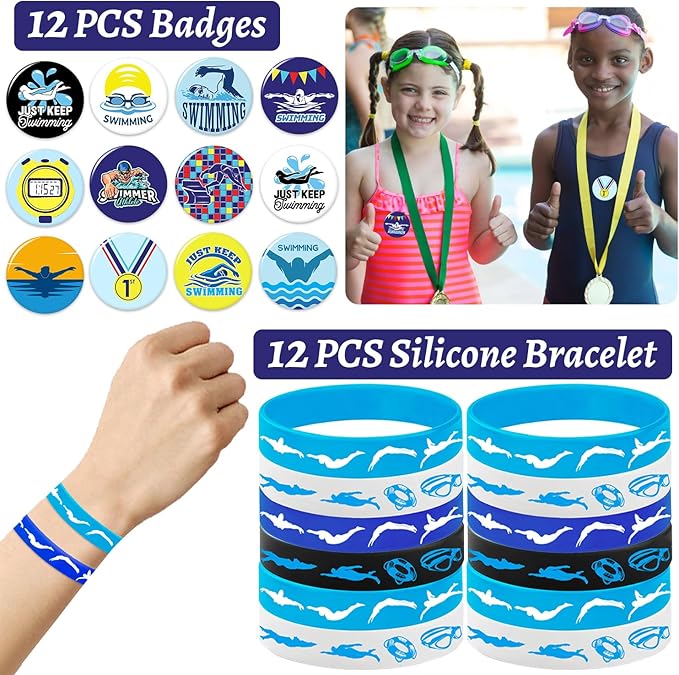 98 PCS Swimming Party Favors, Swimming Temporary Tattoos Badges Silicone Bracelets Stickers Keychains for Swimming Swim Team Sport Birthday Party Decorations Supplies Gifts for Swimmers Kids Teens