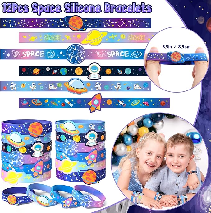 98 Outer Space Party Favors Galaxy Astronaut Birthday Supplies Straw Bubble Silicone Bracelet Keychain Sticker Boy Kid Girl Toy Gift Goodie Bags Stuffer Class Prize Space Themed Party Favors