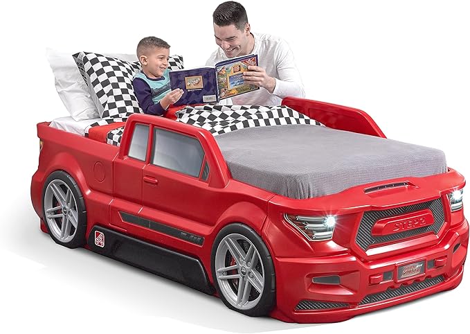 Step2 Turbocharged Twin Size Truck Car Bed, Car Bed for Boys & Girls, Working Headlights & Built-In Storage, Made of Durable Plastic, For Toddlers 3+ Years Old, Vibrant Red