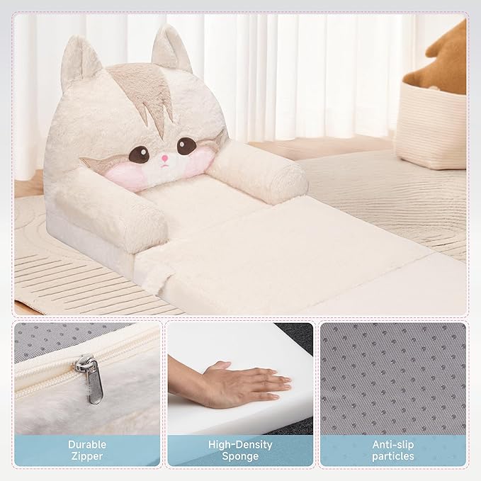 MONKISS 2-in-1 Toddler Couch Chairs Comfy, Kids Chair Couch, Mini Couch, Flip Out Sherpa Kids Sofa, Baby Couch, Chair for Toddlers 1-3, Kids Lounge Chair Reading Chair, Kids Couch Bed Fold Out, Cat