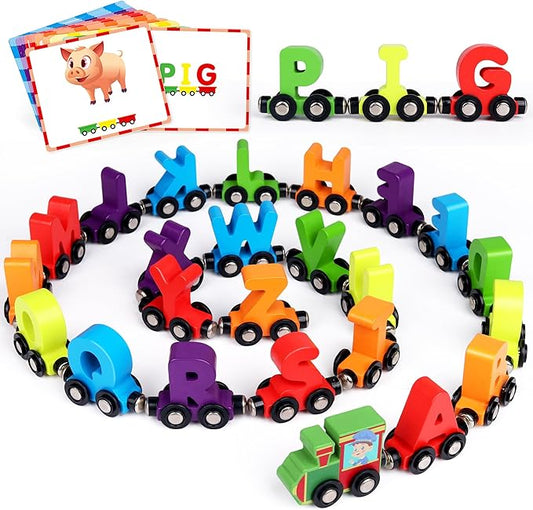 27 PCS Magnetic Wooden Alphabet Train Set, ABC Learning Toy with 42 Flash Cards, 1 Engine and Storage Bag, Educational Letter Toy Trains for Toddlers, Boys Girls, Ideal Gift for 3-7 Year Olds