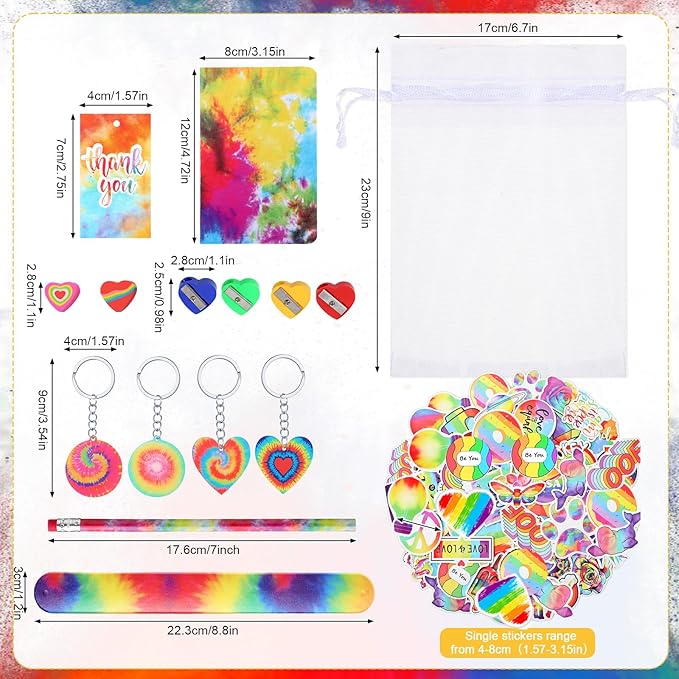 178 Pcs Tie Dye Party Favors Bulk Rainbow School Stationery Set with Slap Bracelets Mini Notebooks Stickers Pencils Heart Eraser Sharpener Keychains for Kids Students Class Reward Prize Supplies