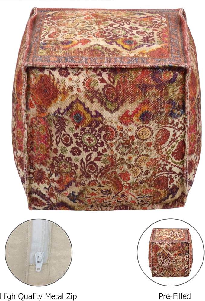 COTTON CRAFT Printed Pouf - Ottoman Foot Stool Bean Bag - Dorm Kids Room Bedroom Home Décor Accent Seating - Boho Modern Comfortable Prefilled Cotton Square Pouf Footrest - 17x17x17 inch - Coral Multi