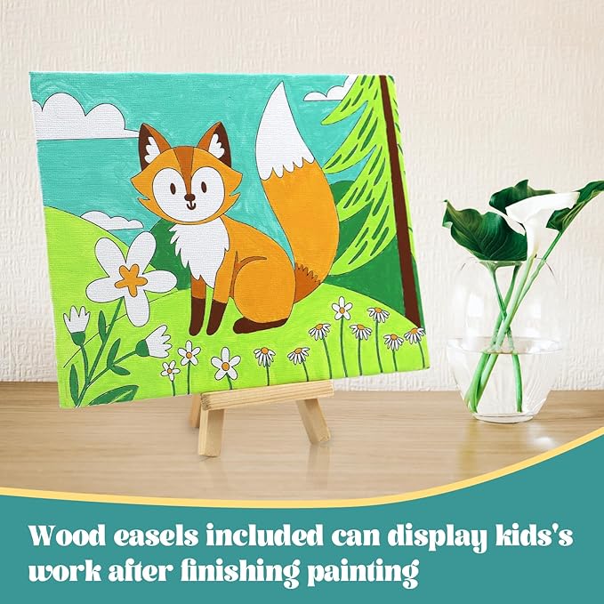 8 Packs Predrawn Canvas for Painting Kids Painting Canvas for Kids Painting Kits for Kids 4-8, 48 Paints, 8 Brushes 2 Easels, 8 6x8 Printed Canvas to Paint for Girls Boys and Beginners