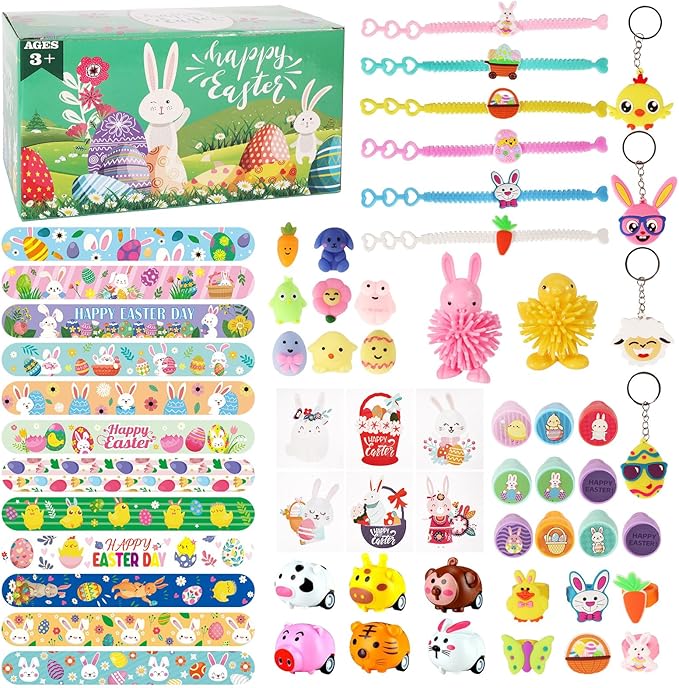 60 PCS Easter Egg Fillers, Easter Basket Stuffers with Slap Bracelets Rubber Wristbands Stickers Stampers Cars Ring Keychains Puffer Fidget Toys, Easter Party Favors, Classroom Prizes Gift Exchange