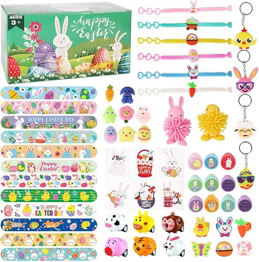 60 PCS Easter Egg Fillers, Easter Basket Stuffers with Slap Bracelets Rubber Wristbands Stickers Stampers Cars Ring Keychains Puffer Fidget Toys, Easter Party Favors, Classroom Prizes Gift Exchange