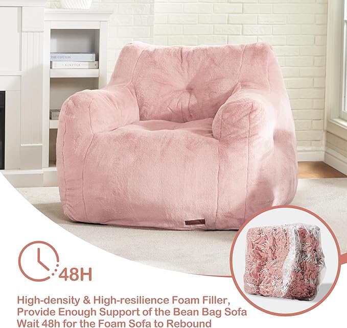 Bean Bag Sofa Chairs for Adults Comfy Bean Bag Sofa Fluffy Beanbag Chair Plush Chair Big Bubble Foam Sofa with Filler with Armrest for Apartment, Dorm, Living Room, Bedroom (Pink)