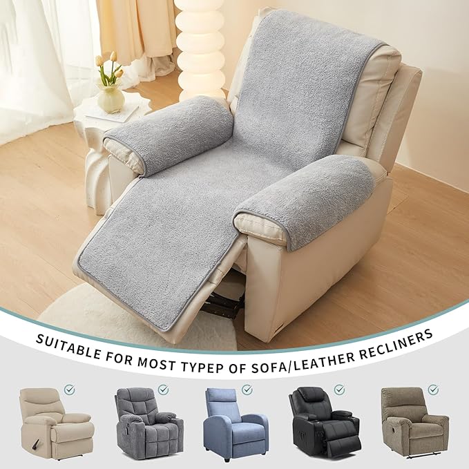 vctops Sherpa Fleece Recliner Chair Cover Super Soft Warm Plush Sofa Slipcover Furniture Protector Non Slip Washable Reclining Chair Cover for Kids, Pets (Light Grey,30"x91")