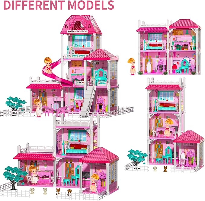 TEMI Villa Toys for 3-8 Years Old Girls - 3 Storeys 6 Rooms Indoor Playset with 2 Dolls, Furniture and Accessories, Pretend Girls Plays, Building Toys, Gifts for Kids 3-5