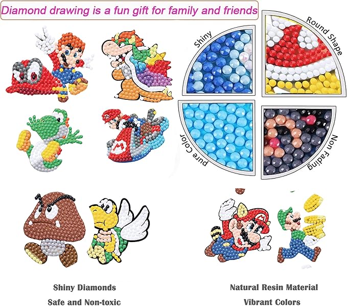 16 Pcs Diamond Art Stickers Kits for Kids, DIY Cartoon Paint by Numbers Diamonds Mosaic Stickers for Kids Arts Diamond Craft Stickers for Kids and Adult Beginners