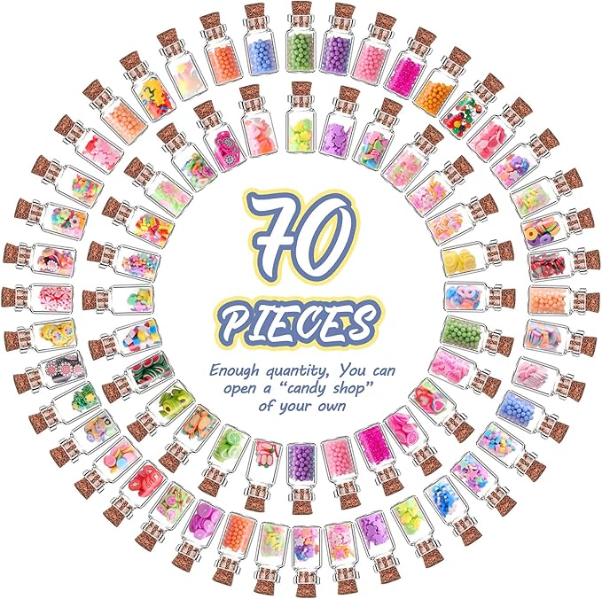 70 Pieces Cute Miniature Dollhouse Food Jar Glass Bottle 1:12 Pretend Play Doll House Kitchen Decoration 1:6 Fruit Candy Snack Mold Mini Kitchen Food Model Dollhouse Accessories for Girls Kids Boys