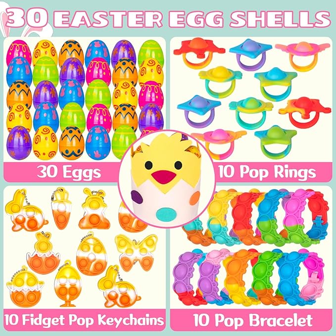 30 Packs Easter Plastic Printed Bright Eggs,Easter Theme Pop Keychain Bracelets Rings Bubble Toys Set,Fidget Stress Relief Squeeze for Basket Stuffer,Classroom Exchange Game Prize Supplies