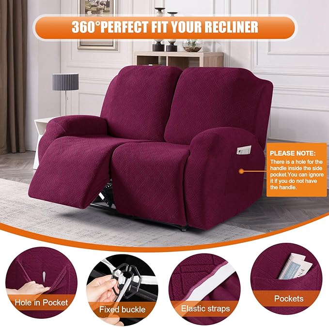 VANSOFY Recliner Cover, 2-Pieces Stretch Reclining Couch Cover with Pockets Loveseat Sofa Slipcovers Soft Washable Furniture Protector for Dogs Cats(Burgundy)