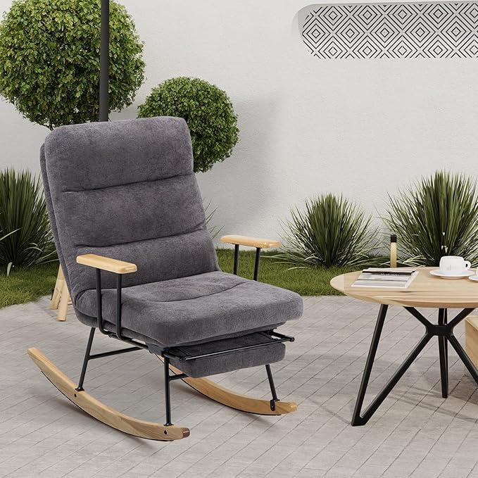 Rocking Chair with Footrest-Glider Rocker Chair with Retractable Footrest and Adjustable Backrest, Teddy Upholstered Rocking Chair, Modern Accent Chair for Living Room/Nursery/Bedroom/Outdoor-Grey