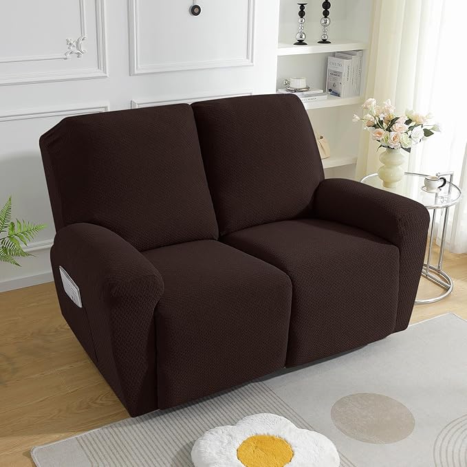 JIVINER 6-Piece Loveseat Recliner Slipcover Stretch Jacquard Recliner Sofa Cover 2 Seater Washable Reclining Couch Cover with Pocket Fitted Furniture Protector Cover (Loveseat Recliner, Dark Coffee)